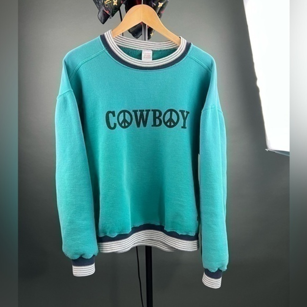 1980s Vintage Russell Striped Ringer Raglan Pullover Sweat Shirt Peace